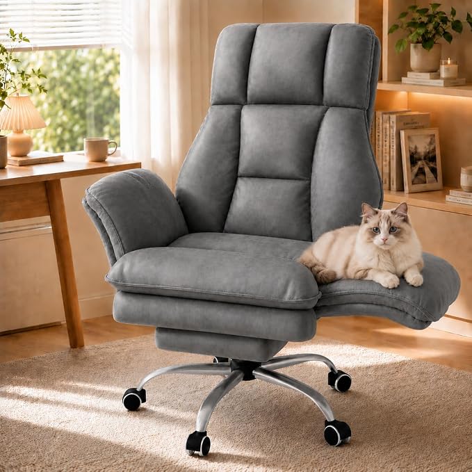 Big and Tall Office Chair with Footrest & Flip Armrests | Premium Tech Fabric Ergonomic Desk Chair, for Pets & Cross-Legged Sitting, Wide Seat Reclining Executive Computer Chair, Grey