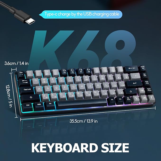 Wired Portable 60% Mechanical Feeling Gaming Keyboard,RGB LED Backlit Compact 68 Keys Mini Wired Office Keyboard for Windows Laptop PC Mac Gamer, Typist, Travel on Business Trip -Grey and Black