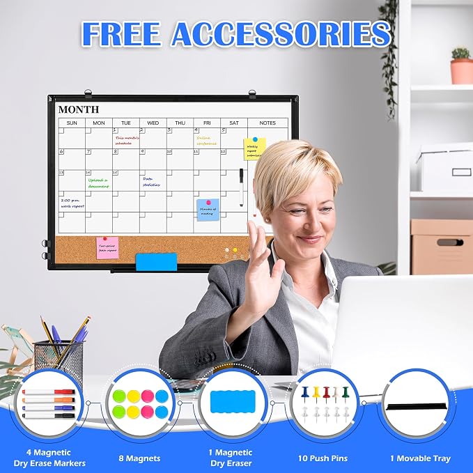 Calendar Whiteboard Dry Erase for Wall, 30" x 20" Month White Board Black | Double-Sided Magnetic, Calendar Cork Whiteboard Combo, Aluminium Frame, Bulletin Portable Board, Home Office School