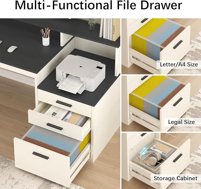 65" Computer Desk with 3 Drawers & Printer Shelf for Home Office | Office Desk with Printer Shelf & File Drawer, Executive Desk Writing Study Table with Monitor Stand, Black & White