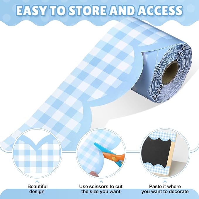 Zonon 65ft Blue Gingham Bulletin Board Border Pastel Scalloped Bulletin Board Trim Back to School Classrooms Decoration for Party Whiteboard, Walls, Desks, Windows, Doors, Lockers (3 Inches)