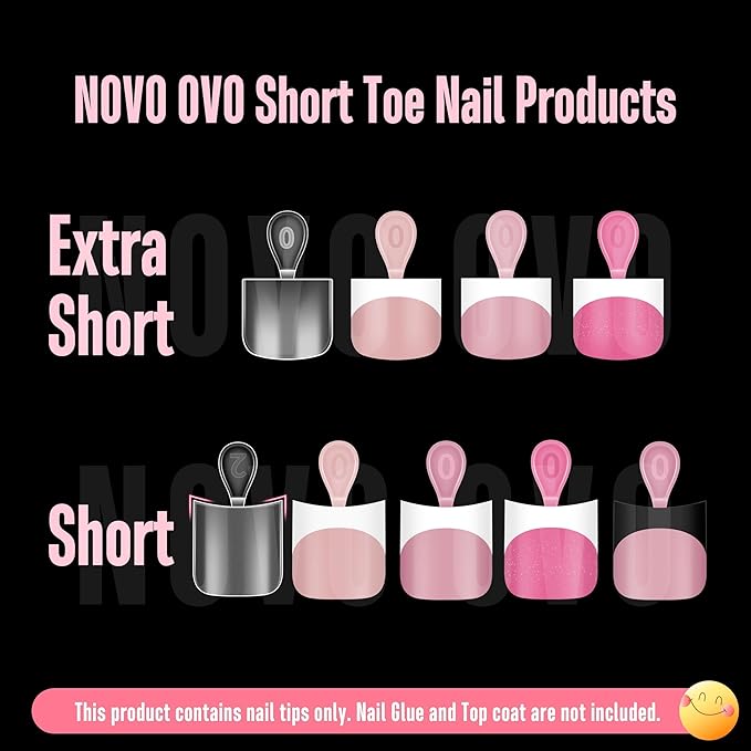 NOVO OVO Extra Short Toe Nail Tips White French Tip BABY PINK Sharp Square Press On, Soft Gel False Fake Toenail Extension Kit, Need Apply Top Coat Buider Gel Nail Glue, Salon DIY x 16 Sizes 224 Pcs
