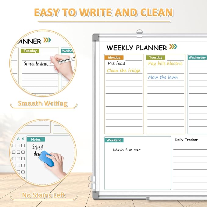 Weekly Dry Erase Calendar Whiteboard with Corkboard, 24" x 18", Silver | Magnetic, White Board Cork Board Combo, Double Sided, Wall Mounted, Aluminum Frame, for Home, Office, Kitchen, Dorm