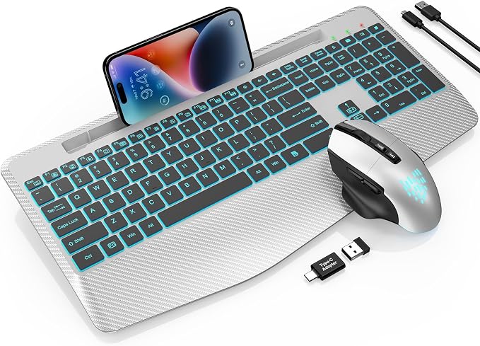 Wireless Keyboard and Mouse Combo, Backlit Scissor Keys, Wrist Rest | 7-Color Backlight, Phone Holder, Rechargeable, LED Mouse, Ergonomic Support, Quiet Typing, Win/Mac/ChromeOS, KM22 Ultra+