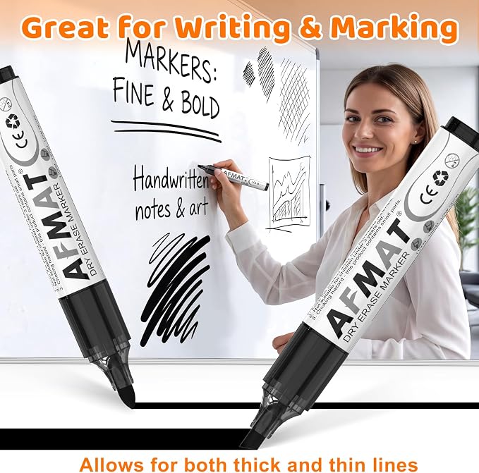 AFMAT Dry Erase Markers, 12-Count Whiteboard Markers, 1,100 Meters Writing Distance, Low Odor White Board Markers for Teacher Office Classroom (6 Bullet Tip + 6 Chisel Tip)