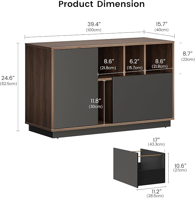39" File Cabinet with Drawer, Office Storage Cabinet with Door | Home Office Printer Stand with Storage & Adjustable Shelves for Living Room, Entryway, Black Walnut