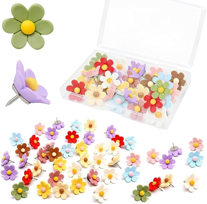 Flower Push Pins - 50 Pcs Cute Decorative Colorful Floral Thumb Tacks for Cork Board Wall Bulletin Board Travel Map Photo Home Office Supplies Accessories