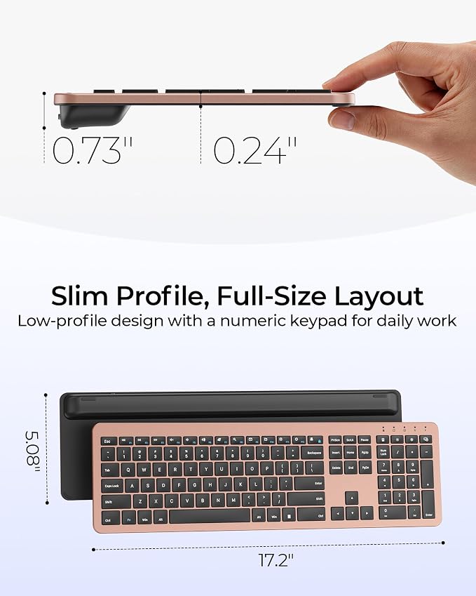 seenda Rechargeable Wireless Keyboard and Mouse Combo, Rose Gold & Black | Quiet, slim full-size keyboard with numpad, 2.4GHz USB receiver, USB-C charging, 3-level DPI mouse for Windows PCs/laptops
