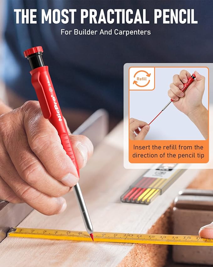 Nicpro 1 Pack Carpenter Pencil with Sharpener, 2.8 mm Mechanical Pencils with 13 Refills, Deep Hole Marker for Construction, Heavy Duty Woodworking Pencil, Carpenter Tools for Architect Marking