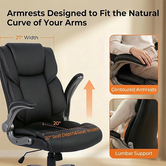 COLAMY Ergonomic Executive Office Chair, High Back Desk Chair with Adjustable Lumbar Support, Flip-Up Armrests & Thick Seat Cushion, 90°–110° Reclining Computer Chair for Home Office,Set of 2