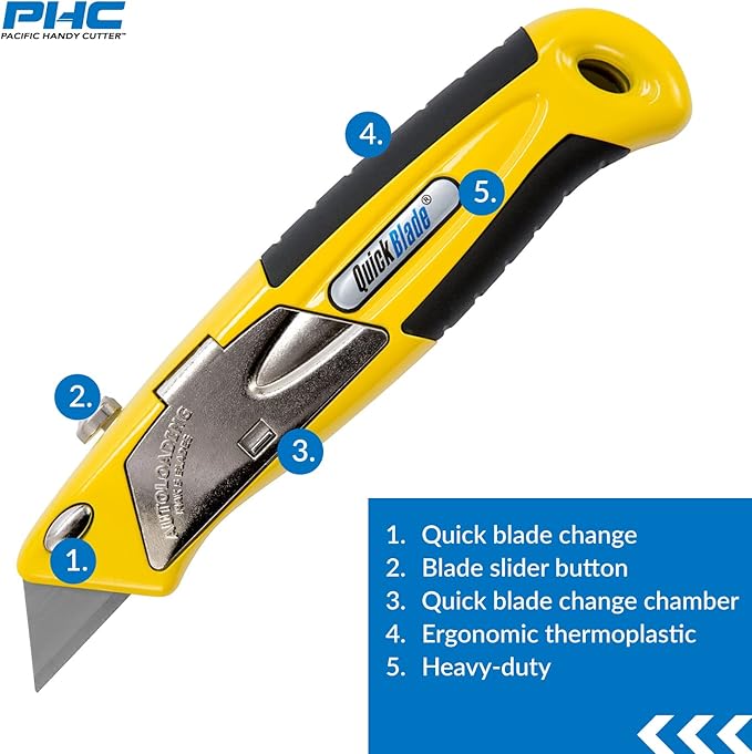 Pacific Handy Cutter QBA375 Autoloading Utility Knife, Automatic Blade Changing, with 5 Additional Blades , Yellow