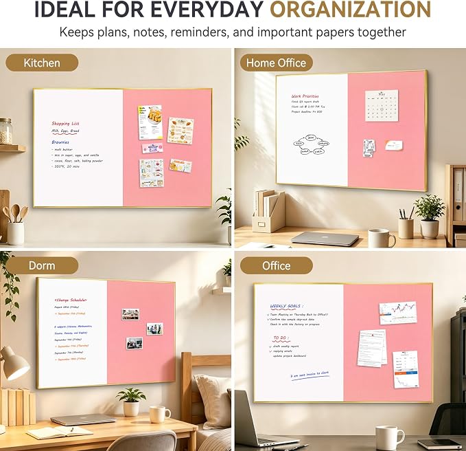 Whiteboard Bulletin Board Combo, 36"x24" Dry Erase Linen Cork Board | Magnetic, Gold Aluminum Frame, Pink Linen Pin Board, Wall Mount, Vertical & Horizontal, for Home Office Kitchen Dorm