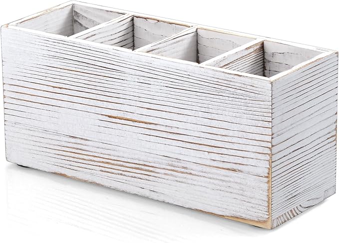 Pencil Pen Holder for Desk, White Washed Wood Office Desk Organizers and Accessories with 4 Slots for Countertop, Makeup Brush Holder Organizer for Bathroom Vanity, Silverware Caddy for Party