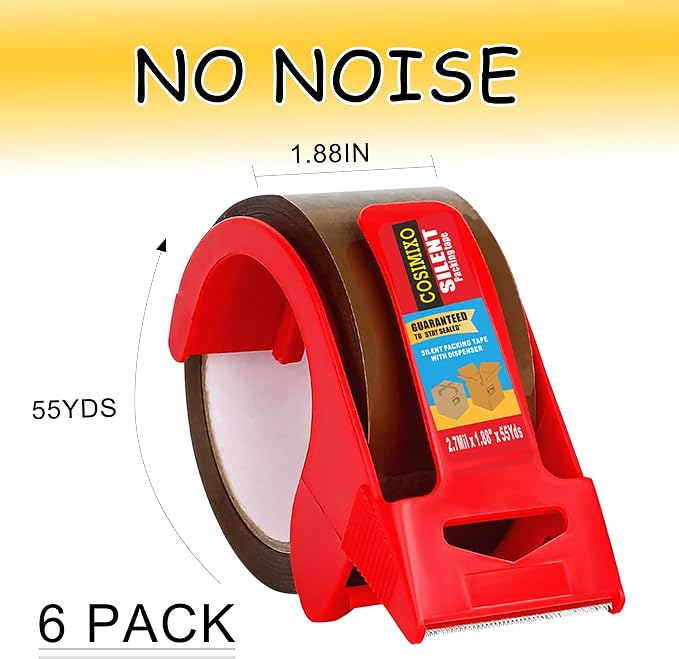 6-Pack No Noise Brown Packing Tape with Dispenser,2.7mil x 1.88" x 55Yds Heavy Duty Noiseless Packing Tape,Packaging Tape for Shipping, Industrial Grade Moving Tape for Boxes COSIMIXO
