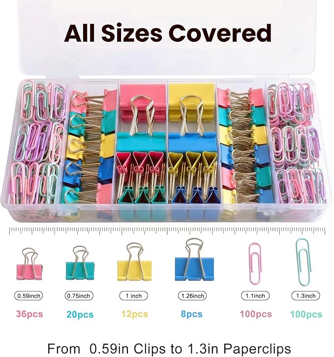 276Pcs Paper Clips and Binder Clips Assorted Sizes，Colored Binder Paper Clips Office Clips Office Supplies, Large Medium Small Paper Clamps PaperClips for Home School Business in a Container (Colored)