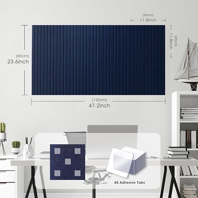 Large Felt Bulletin Board 48" x 24", Dark Blue | 8 Pack Felt Tiles, 40 Adhesive Tabs, Cork Board Alternative for Walls, Push Pin Board for Home Office Decor