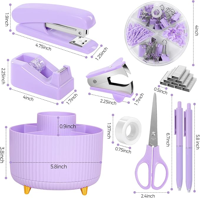 SKYDUE Purple Office Supplies Set with Pencil Holder for Desk,11 PCS | Desk Supplies Sets with Stapler,Tape Dispenser, Scissors, Ruler, Binder/Paper Clips and 1000pcs Staples,Office Decor