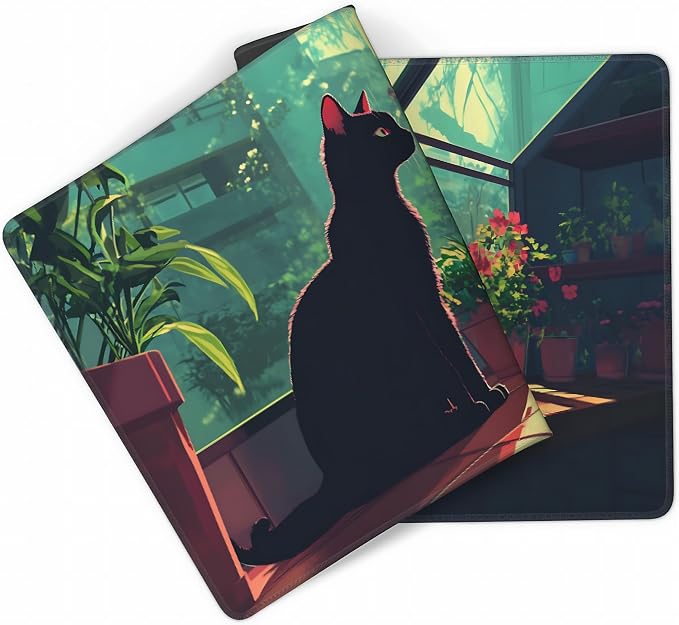 Cute Anime Black Cat Gaming Mouse Pad, Forest Green Anime Desk Mat with Anti-Slip Base & Stitched Edges,35.4" x 15.7" in Desk Accessories for Women, Home Office Decor & Artistic Gift