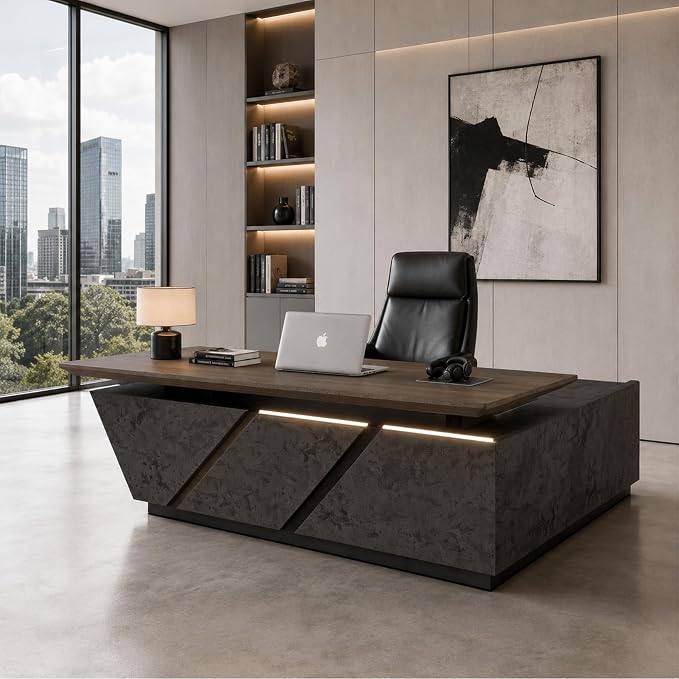 SAINTCY 86.6in Adjustable Executive Desk - Luxury L Shaped Desk with Drawers, Large Table with File Cabinets, Executive Office Desks with LED Light Strip Home Office Desk for Professionals