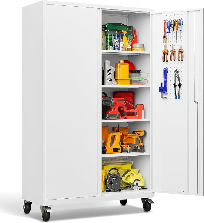 White Wide & Deep Metal Storage Cabinet with Wheels,Tall Rolling Garage Storage Cabinet with Lock,Black Metal Cabinets with Shelves and Pegboards,Tool Locker for Garage,Home,Office