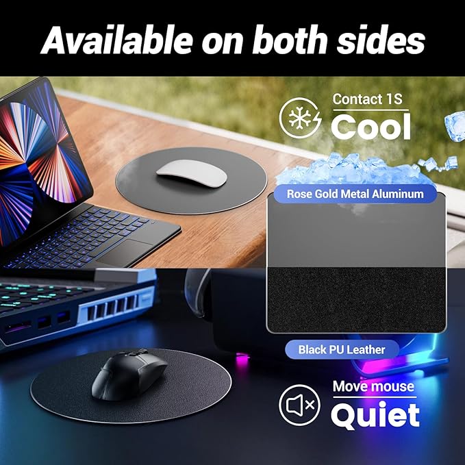 HONKID Metal Aluminum Mouse Pad, Thin Hard Mousepad, Double Sided Waterproof Fast and Accurate Control Mousepad for Laptop, Computer and PC, Office, 7.87 * 7.87 Round Grey