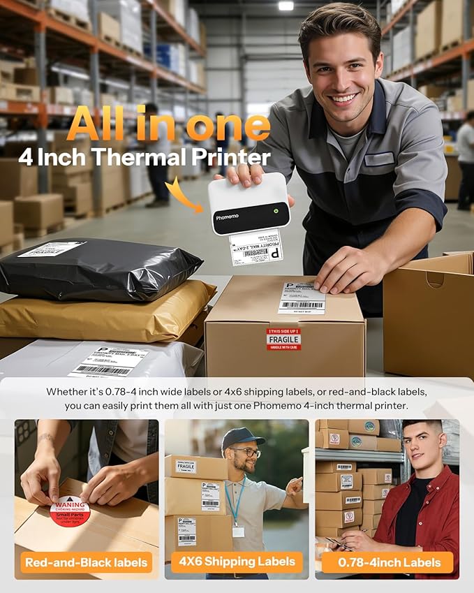 Phomemo Thermal Label Printer, Bluetooth 4x6 Shipping Label Printer for Small Business, Portable Wireless Thermal Printers for Shipping, Barcode, Logo, 4 Inch Label Maker Compatible with Phone & PC