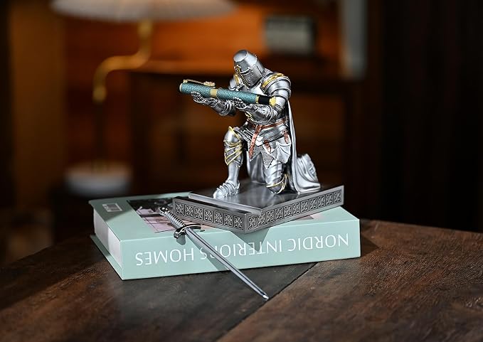 Medieval Templar Vanguard Officer Knight Pen Holder Desk Organizers Silver | Pencil Stand Paperweight Desktop Decoration Accessories Cell Phone Stand with a Fancy Sword for Medieval Warrior Enthusiast