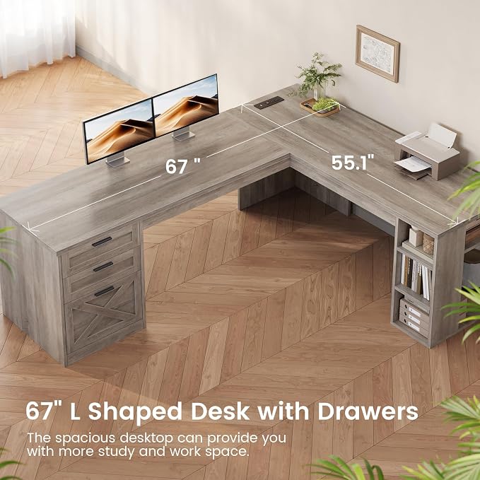 SEDETA 67" Farmhouse Executive L Shaped Desk with 3 Drawers | Executive Home Office Desks with Storage Shelves, Corner Computer Desk with Power Outlets for Home Office,Grey