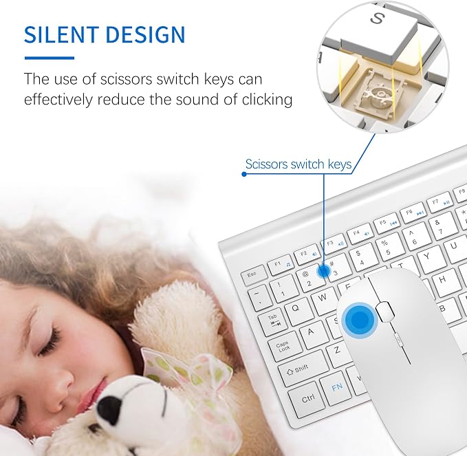 Wireless Keyboard and Mouse Ultra Slim Combo, TopMate - Matte White | 2.4G Silent Compact 2400DPI Mouse and Scissor Switch Keyboard Set with Cover, Batteries Included, for PC/Laptop/Windows/Mac