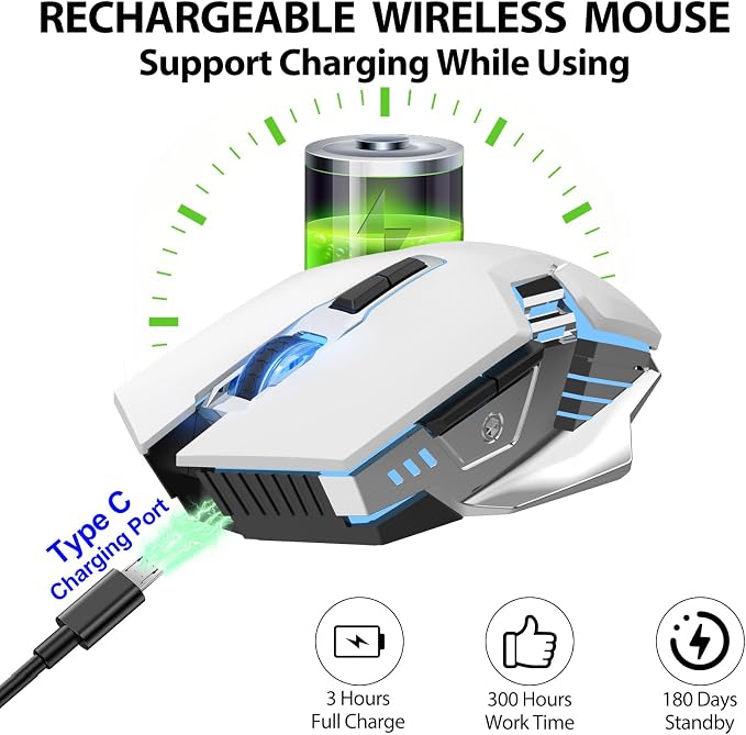 3-Mode RGB Silent Rechargeable Wireless Gaming Mouse White | BT5.0/BT3.0+2.4G connection, RGB backlight & quiet click, for gaming office, compatible with Laptop, PC, Mac, iPad & Tablet