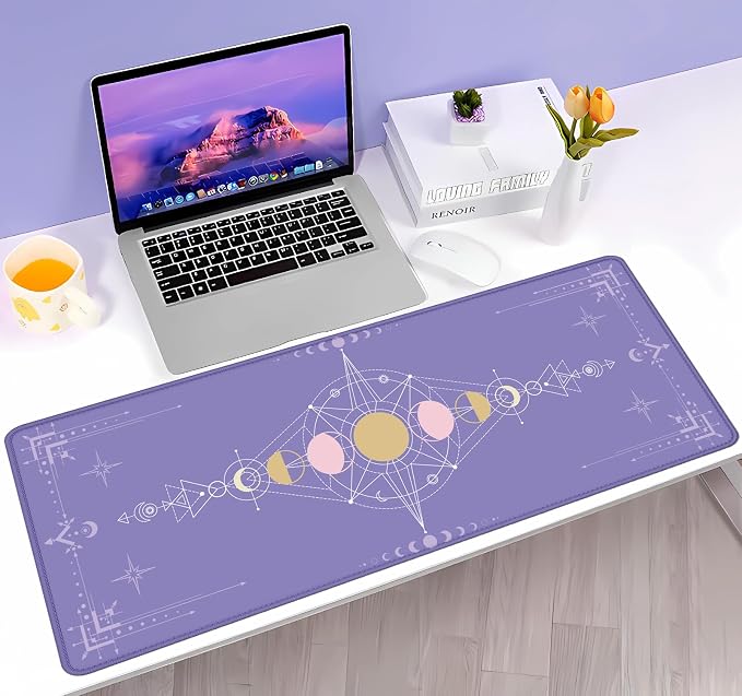 Pastel Purple Moon Phase Desk Mat Cute, Goth Witchy Celestial Large Gaming Mouse Pad, Extended Mousepad Desk Pad for Women Gamer Office, Computer Accessories, Tarot Alter Mat, 31.5 X 11.8 in