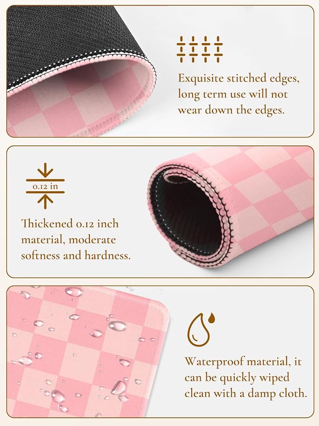 Cute Pink Mouse Pad,Retro Checkered Pattern Mousepad,Square Aesthetic Plaid Waterproof Grid Mouse Mat Design, Non-Slip Rubber Base Computer Funny Boho Small Mouse Pads, Desk Accessories
