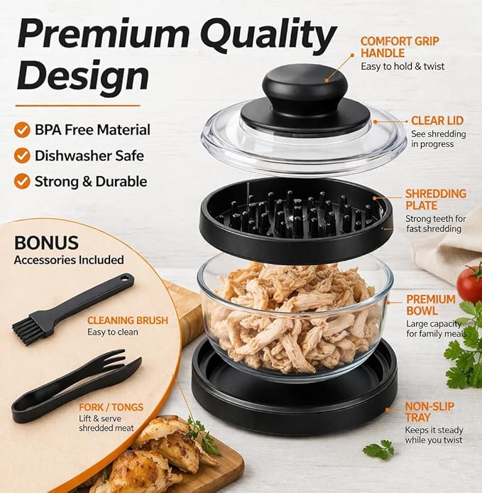 Chicken Shredder Tool, Large Meat Shredder with Handle, Easy Twist Chicken Breast Shredder, BPA Free, Fast & Effortless Shredding for Chicken, Pork & Beef, Includes Cleaning Brush & Fork