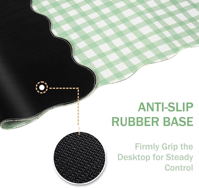 L-SPOUTTO Green Checkered Mouse Pad,Cottagecore Scalloped Desk Mat XXL Large Cute Pastel Gaming Mousepad,35.4x15.7in Non-Slip Keyboard Pad Waterproof Desktop Mat for Laptop Computer Game Home Office