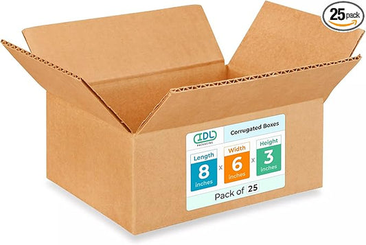 Small Moving & Shipping Boxes 8"L x 6"W x 3"H (25-Pack) - Extra Strength 200 lb vs Regular - USA-Made Corrugated Strong Packing Boxes for Moving - Cardboard Box Moving Stuff by IDL Packaging -