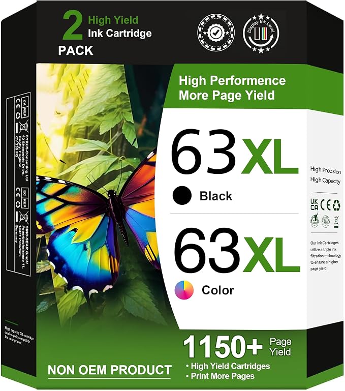 63XL Ink Cartridges Black and Color High Yield for HP Ink 63, Compatible for HP 63XL Ink Cartridge Combo Pack Work for HP OfficeJet 3830 4650 5255 5258 Envy 4520 4512 DeskJet 1112 2130 3630 (2 Pack)
