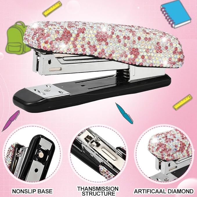 Bling Rhinestone Stapler, Sparkly Diamond Staplers, Cute Desk Stapler for Women & Girls, Bling Crystal Machine Pretty Office Stationery Kit (Pink with AB Color Plated, Large)