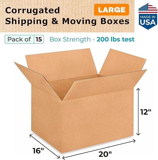 Large Shipping & Moving Boxes 20"L x 16"W x 12"H (15-Pack) - Extra Strength 200 lb vs Regular - Corrugated Shipping Boxes for USPS/UPS/FEDEX - Cardboard Box Moving - Large Box by IDL Packaging | Extra Strength 200 lb vs Regular - Corrugated Shipping Bo...