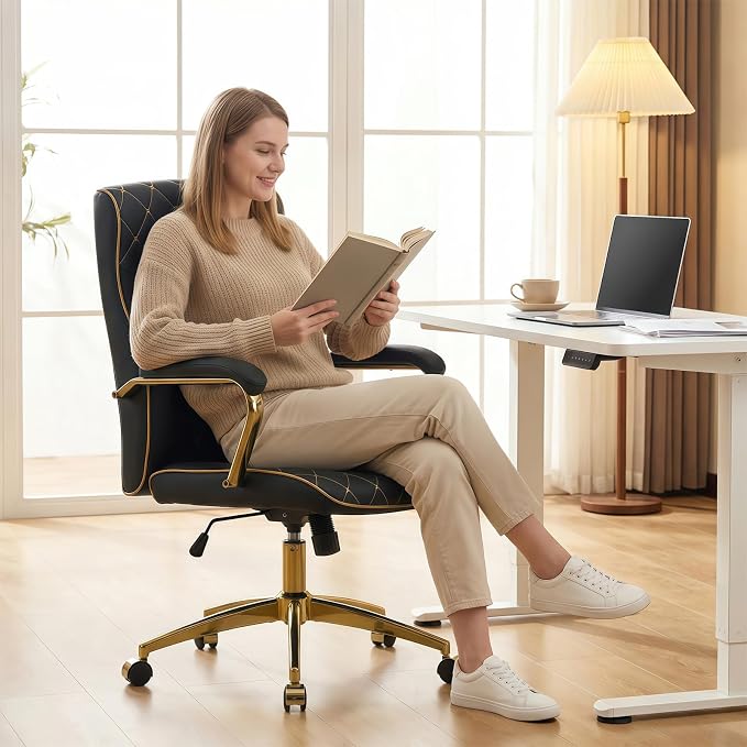 Black and Gold Office Chair, Leather Office Chairs, Adjustable Vanity Chair with Golden Legs and Padded Armrest, Modern Upholstered Computer Chair with Wheels,Black