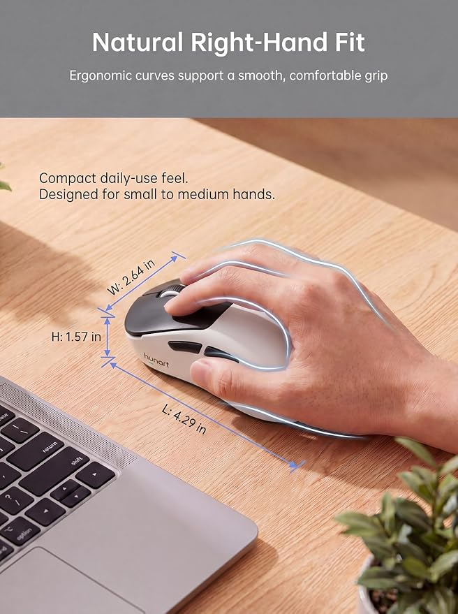 hunart H6 49g Wireless Mouse, Bluetooth & 2.4GHz, Rechargeable, Black＆White | Silent Clicks, USB-C Charging, Two Ways to Connect, Lightweight Right-Hand Ergonomic Comfort, For Laptop, Computer, Mac