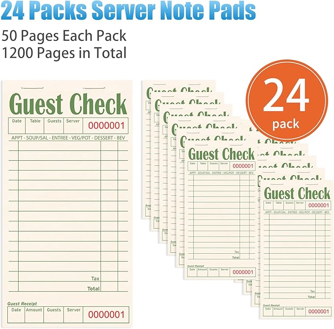 Guest Checks Books for Servers, Server Note Pads, 24 Pack, Natural Color Paper, Waitress Notepad for Restaurants, Waitress Accessories, 1200 Sheets, Green