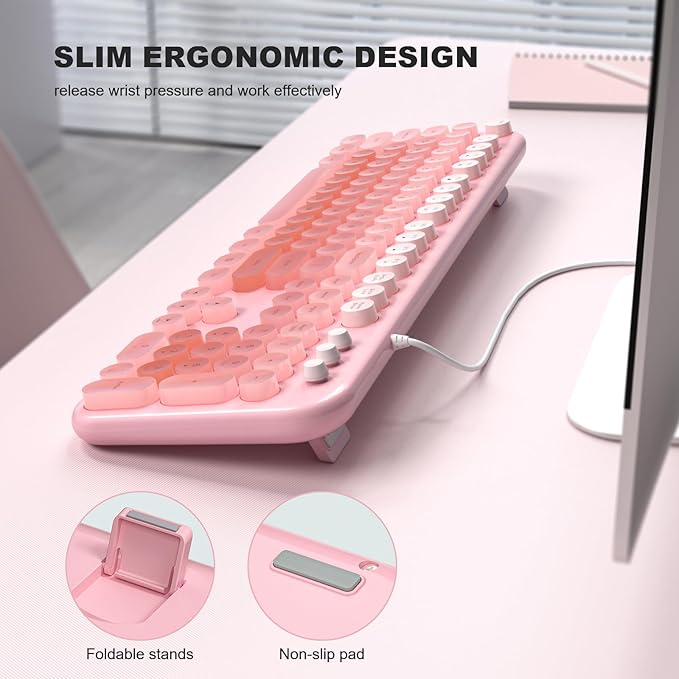 Computer Keyboard Wired, Plug and Play USB Retro Round Typewriter Keyboard, Full Size Wired Keyboard with Foldable Stands for Laptop and Office PC