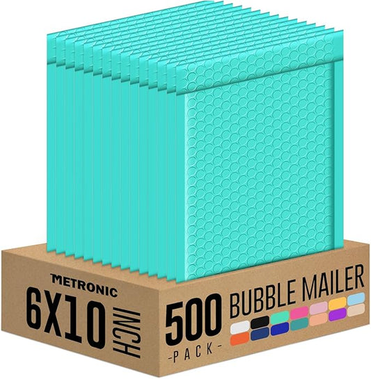 Metronic Bubble Mailer 6X10 Inch Teal 500 Pack, Waterproof Padded Envelopes,Self-Seal Small Bubble Mailers Cushioning Bubble Envelopes for Shipping,Jewelry Makeup Supplies, Packaging Bulk