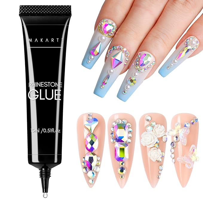 Makartt Nail Rhinestone Glue, Super Strong Gel Nail Glue for Rhinestones, 3D Art Design Charms and Gems, for Jewel Crystal Beads Gems Diamonds, UV/LED Need, Easy Use, 15ML