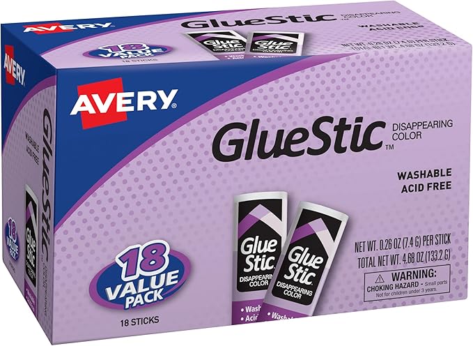 Avery Glue Stick Value Pack Disappearing Purple Color, Washable, 0.26 oz. Permanent Glue Stic, 18pk (98079)