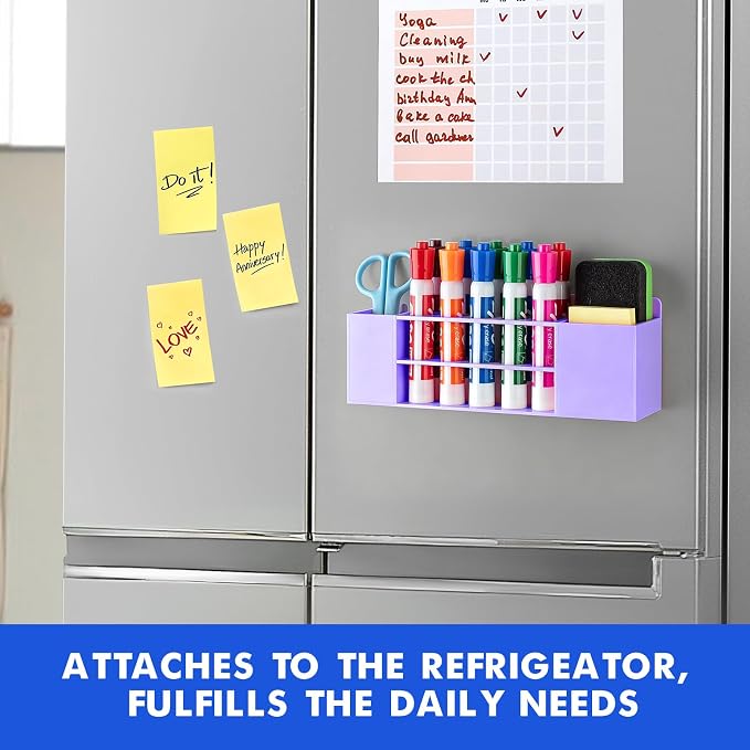 Wall Mounted Magnetic Dry Erase Marker Holder for White Board | Acylic Strong Magnet Pen Holder for Fridge&Refrigerator, Pencil Holder for Classroom, Office, Locker Organizer-Purple