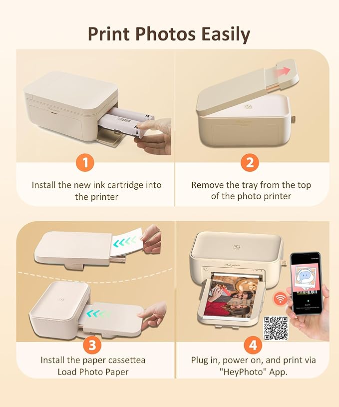 HPRT CP4100 4x6 Photo Printer with 108 Sheets & 2 Ribbons, Full-Color Thermal Dye Sublimation Wi-Fi Printing, Portable Instant Picture Printer for iPhone/Android, AR Video, Fun App, Home Use, Beige