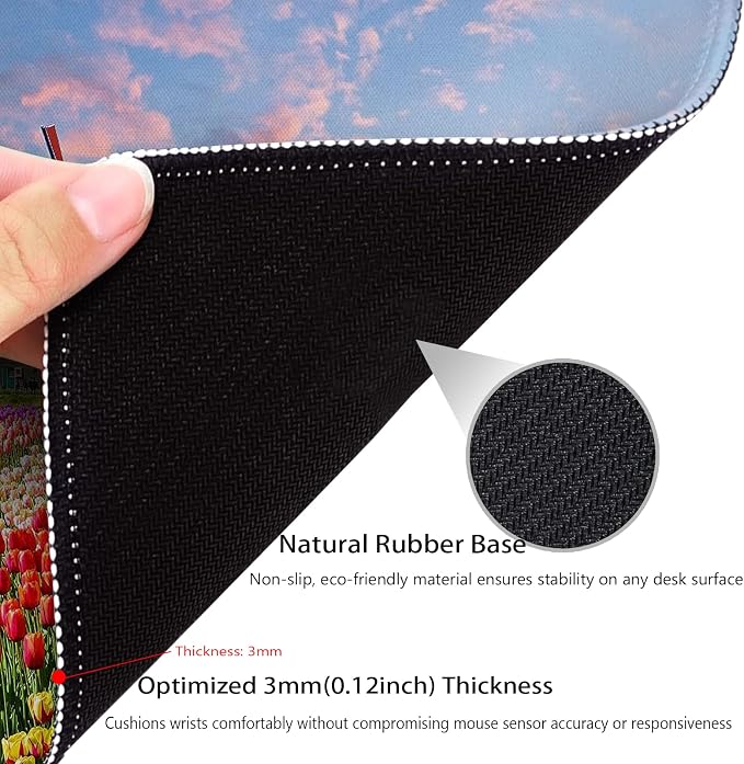 Tulips Flowers Puzzles Landscape Mouse Pad, Holland Windmill Desk Mat | Nature Colorful Floral, Cute Mousepad Stitched, Anti-Slip Base Smooth Surface, 9.5 x 7.9 Inches