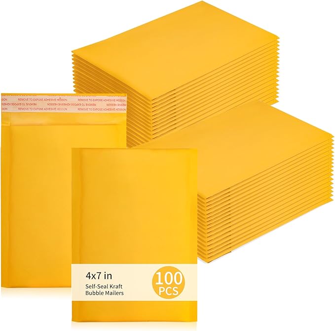 Small Bubble Mailers 100 Pack, 5"x8" External Dimension, Usable Size 4"x7" Thick Kraft Bubble Envelopes Waterproof Cushioned Padded Mailers Shipping Packaging for Small Business Yellow #000