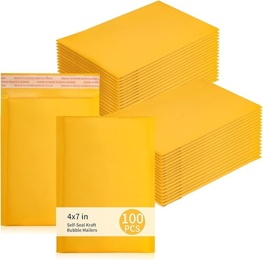 Small Bubble Mailers 100 Pack, 5"x8" External Dimension, Usable Size 4"x7" Thick Kraft Bubble Envelopes Waterproof Cushioned Padded Mailers Shipping Packaging for Small Business Yellow #000